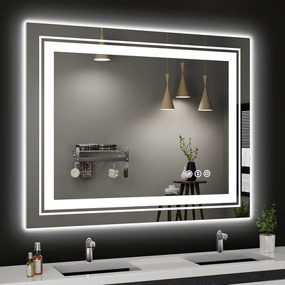 Snowdool LED Bathroom Mirror, 40"x32" with Front and Backlit, Anti-Fog, Bathroom Vanity Mirror for Wall, Memory Function, Stepless Dimmable, Tempered Glass (Horizontal/Vertical)