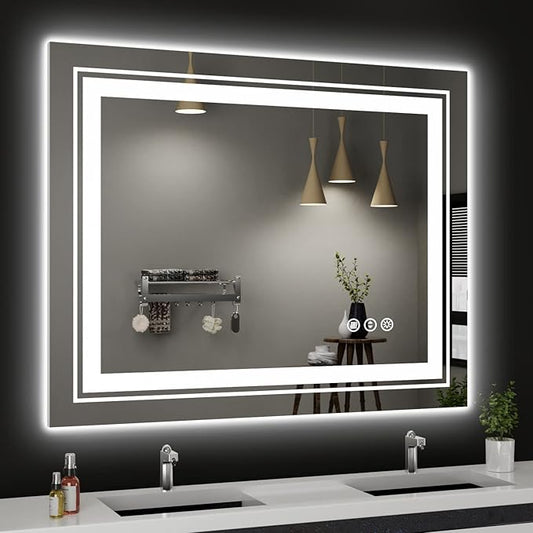 Snowdool LED Bathroom Mirror, 40"x32" with Front and Backlit, Anti-Fog, Bathroom Vanity Mirror for Wall, Memory Function, Stepless Dimmable, Tempered Glass (Horizontal/Vertical)