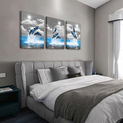 TTHYUEWS Canvas Wall Art For Bedroom Modern Wall Decor For Living Room Black and White Seascape Blue Ocean Wall Painting Animal Dolphin Abstract Pictures Artwork Bathroom Home Decor 3 Piece 12x16