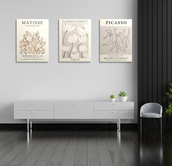 MINI ZOZI Matisse Wall Art Framed Flower Market Prints 12x16 3PCS Picasso Wall Decor Large Canvas Beige Posters Trendy Funky Aesthetic Abstract Line Minimalist Poster Danish Pastel Painting Bedroom Printing Neutral