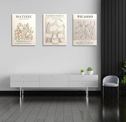 MINI ZOZI Matisse Wall Art Framed Flower Market Prints 12x16 3PCS Picasso Wall Decor Large Canvas Beige Posters Trendy Funky Aesthetic Abstract Line Minimalist Poster Danish Pastel Painting Bedroom Printing Neutral