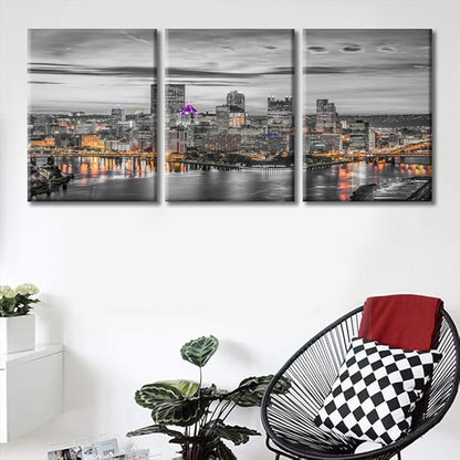 TUMOVO Pittsburgh City Skyline Home Decor Art Prints American Cityscape Pictures Bathroom Decor Wall Art 3 Panel Pittsburgh Skyscrapers Nighttime Lightscape Wall Art Framed Ready to Hang (36" Wx16 H)