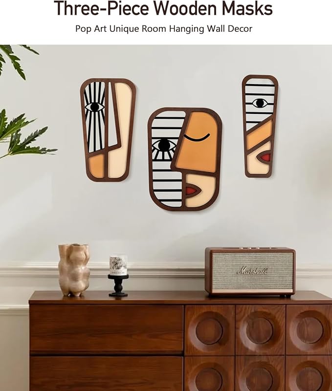LIFVEAN Abstract Wood Picasso Wall Art Decor - Vintage African Art Tribal Wall Art - Modern Minimalism Mask Home Wall Decor - for Bedroom Bathroom Living Room (3 Piece)