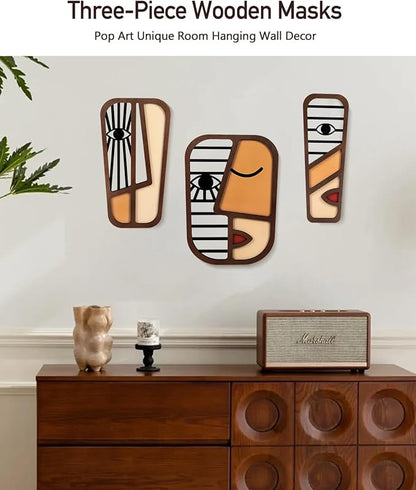 LIFVEAN Abstract Wood Picasso Wall Art Decor - Vintage African Art Tribal Wall Art - Modern Minimalism Mask Home Wall Decor - for Bedroom Bathroom Living Room (3 Piece)
