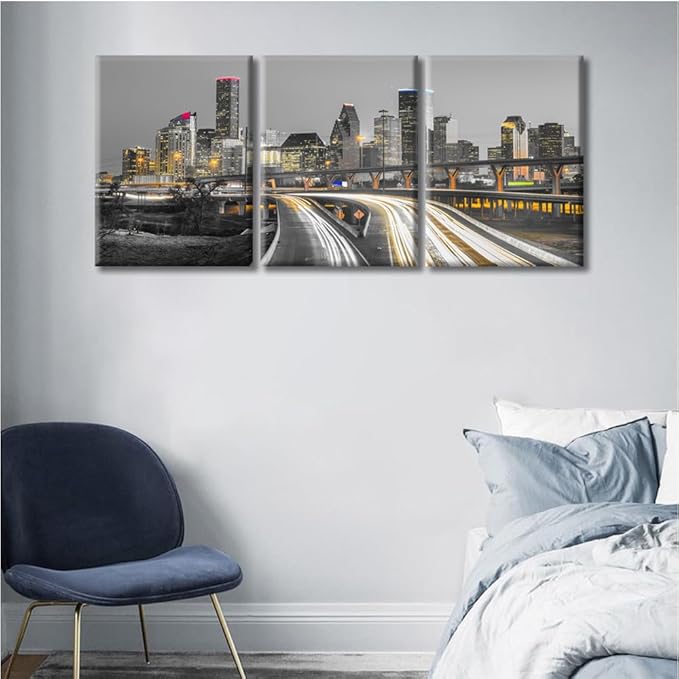 TUMOVO 3 Panel Houston Skyline Office Decor American Cityscape Pictures Black and White Wall Art Nighttime Skyscrapers Lightscape Artwork Posters and Prints Framed Ready to Hang (36" Wx16 H)