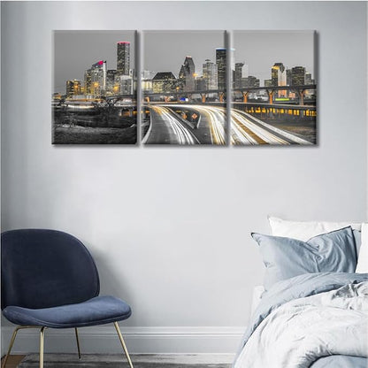 TUMOVO 3 Panel Houston Skyline Office Decor American Cityscape Pictures Black and White Wall Art Nighttime Skyscrapers Lightscape Artwork Posters and Prints Framed Ready to Hang (36" Wx16 H)