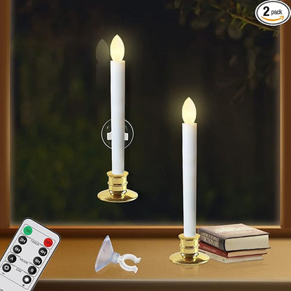 2 Pack Flameless Taper Candles with Remote/Timer & Suction Cup, Battery Operated Flickering LED Window Candles, Vintage Christmas Electric Fake Candlesticks, Golden Holder
