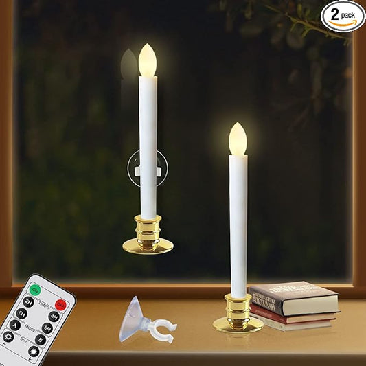 2 Pack Flameless Taper Candles with Remote/Timer & Suction Cup, Battery Operated Flickering LED Window Candles, Vintage Christmas Electric Fake Candlesticks, Golden Holder