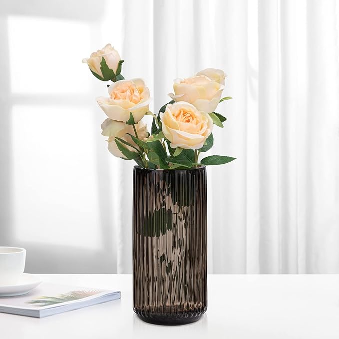 TIMEFOTO Flower Vase 10 inch Amber Thickened Hand Blow Glass Vase Round Vintage Striped Bottles for Bookshelf,Dinner Table,Indoor Office Desktop,Meeting Room,Bathroom,Home