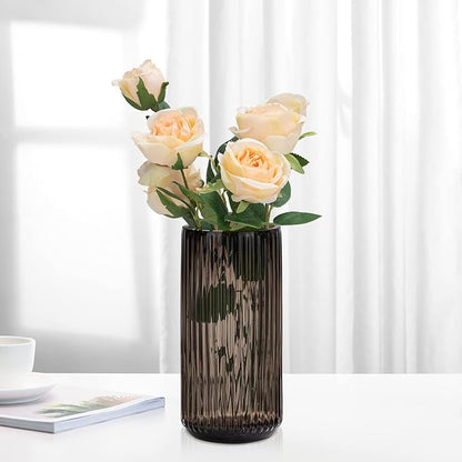 TIMEFOTO Flower Vase 10 inch Amber Thickened Hand Blow Glass Vase Round Vintage Striped Bottles for Bookshelf,Dinner Table,Indoor Office Desktop,Meeting Room,Bathroom,Home