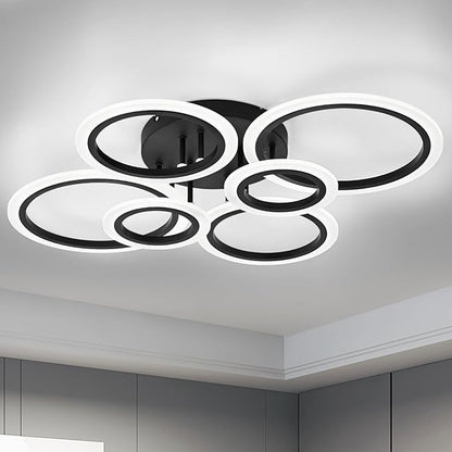 Modern LED Flush Mount Ceiling Light, 6 Rings Black Close to Ceiling Light Fixtures, Living Room Lighting Fixture Ceiling Lamp for Kitchen, Bedroom, Laundry Room, 4000K Not Dimmable