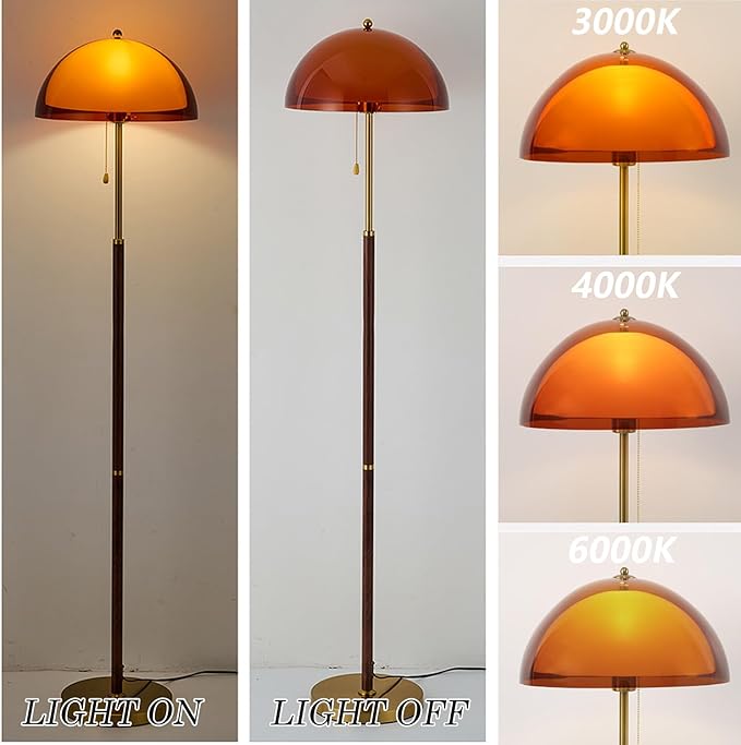 Tea Brown Dome Acrylic Shade Floor Lamp with Pull Chain,Mushroom Standing Lamp with Golden Base,Mid Century Modern Floor Light for Living Room Bedroom and Office