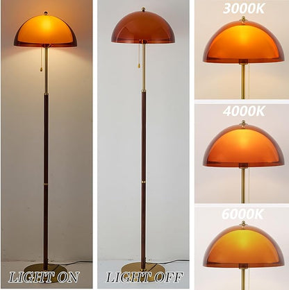 Tea Brown Dome Acrylic Shade Floor Lamp with Pull Chain,Mushroom Standing Lamp with Golden Base,Mid Century Modern Floor Light for Living Room Bedroom and Office