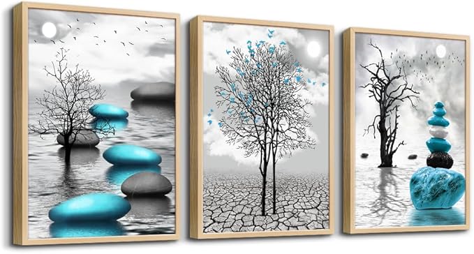 Natural Wood Framed Canvas Wall Art for Living Room Large Size Wall Decor for Bedroom Blue Abstract Wall Pictures Black and White Paintings OfficeWall Decoration Modern Home Decor Framed Art Prints