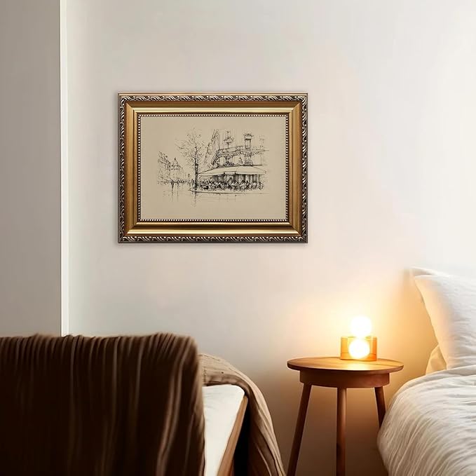 WZGZXU Vintage Gold Framed Wall Art Autumn Paris Cafe Wall Decor French Bistro Canvas Art Paintings Street Sketch Picture Antique Drawing Artwork For Dining Room Kitchen 12x16in