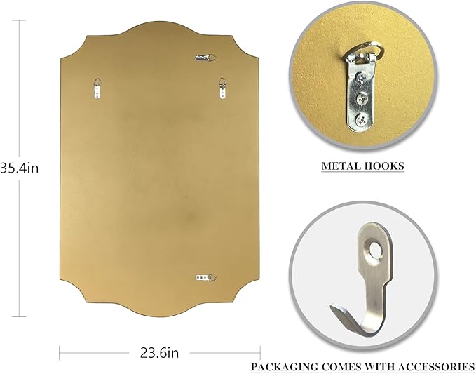 POZINO Gold Scalloped Mirror, 24"x36" Modern Rectangle Aesthetic Mirror with Wood Frame, Irregular Wavy Mirrors for Bathroom Living Room Bedroom Entryway Hallway, Hangs Vertically or Horizontally