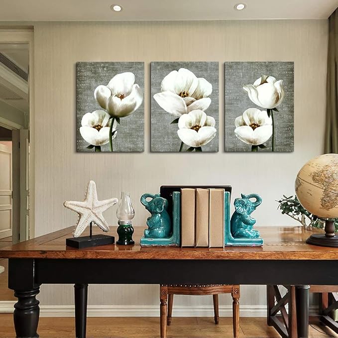 Lapremoly Canvas Wall Art For Bedroom Room Modern Wall Decor For Living Room Gray Green Vintage Style Wall Painting Artwork White Flowers Abstract Pictures 3 Panels Ready To Hang Kitchen Home Decor