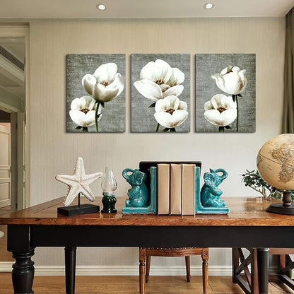 Lapremoly Canvas Wall Art For Bedroom Room Modern Wall Decor For Living Room Gray Green Vintage Style Wall Painting Artwork White Flowers Abstract Pictures 3 Panels Ready To Hang Kitchen Home Decor
