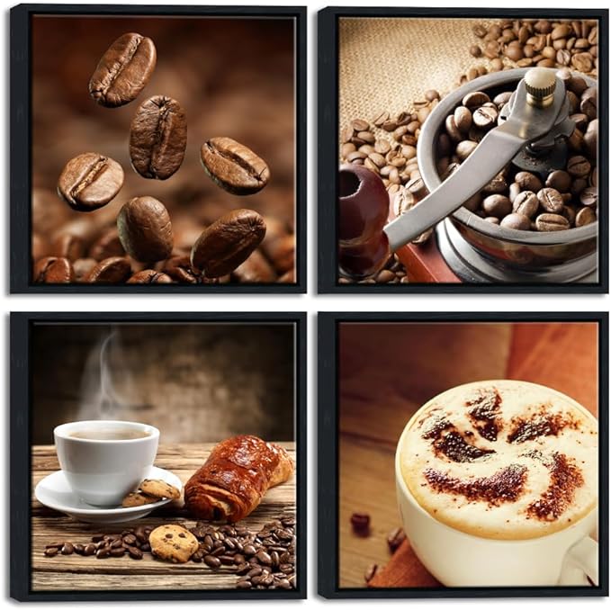 Wieco Art Black Framed 4 Panels Canvas Wall Art Coffee Bean Kitchen Canvas Prints Wall Art for Living Room Decor Bedroom Home Bathroom Wall Decor