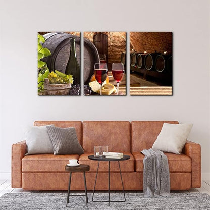 Kitchen Wall Art Red Wine Cellar Pictures Wooden Barrel and Fruit Grape Painting for Living Room 3 Panel Canvas Artwork House Modern Decor Giclee Posters Prints Framed Ready to Hang - 16 x 24 inch x 3