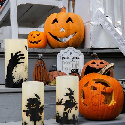 Halloween LED Flameless Pillar Candles Battery Operated Remote and Timer Real Wax Yellow Light Flickering Scarecrow Witch Ghost Hand Decals Halloween Candles Decoration Gifts(3 x 6 Inches)