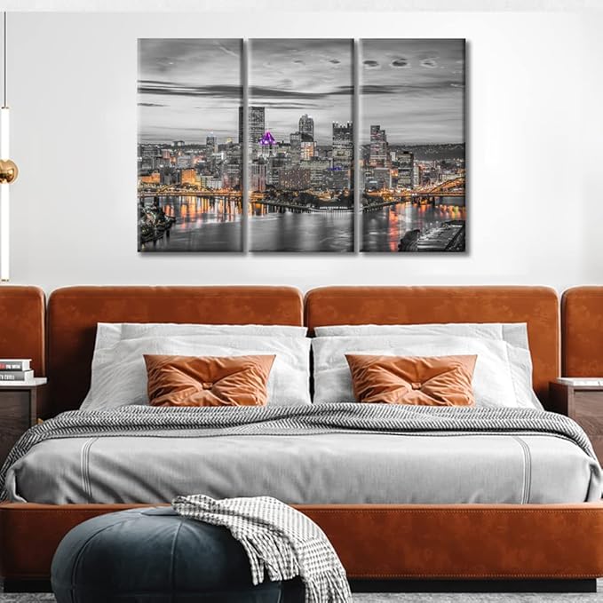 TUMOVO Pittsburgh Pennsylvania Skyscrapers Cityscape Canvas Wall Art American Nighttime Lightscape Wall Decor Living Room City Skyline Artwork Wall Decor for Bedroom Framed Ready to Hang (36" Wx24 H)