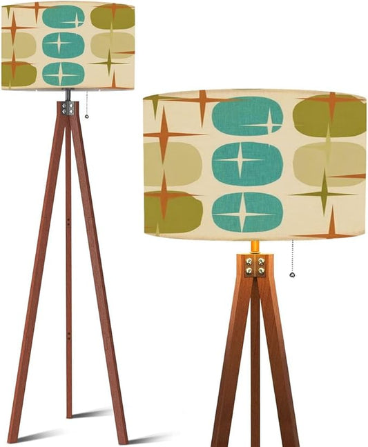 Wood Tripod Floor Lamp Retro Abstract Era Seamless 1950s 1960s 1970s modern abstract texture Mid Century Standing Lamp Linen Shade Dimmable Modern Tall lamp Home Decor for Living Room Bedroom Office