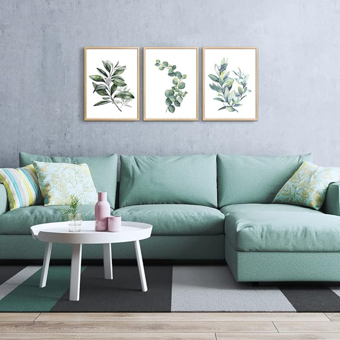 Hyidecorart Wood Framed Wall Art - Large Green Leaves Wall Paintings Set of 3 Piece Framed Prints for Living Room, Bedroom, Kitchen, Office Decor