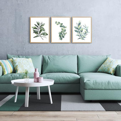 Hyidecorart Wood Framed Wall Art - Large Green Leaves Wall Paintings Set of 3 Piece Framed Prints for Living Room, Bedroom, Kitchen, Office Decor