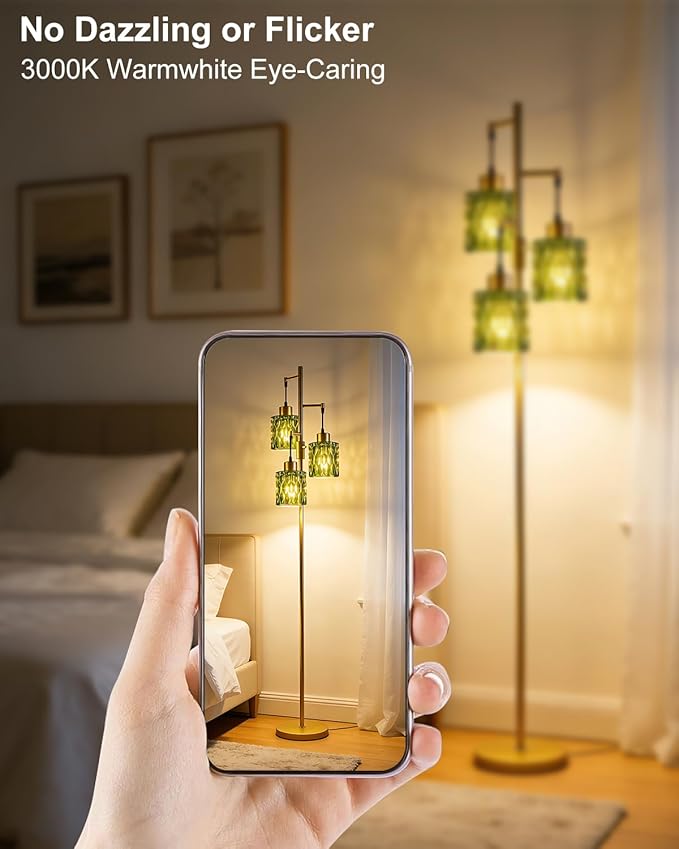 3-Light Modern Glass Floor Lamp, Gold Standing Tall Lamp with Green Cylinder Glass Shade for Reading, Dimmable LED Floor Lamp with 5Lbs Heavy Base for Living Room Bedroom Home Decor, Bulb Included