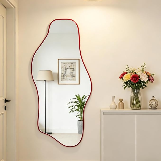 Large Irregular Mirror, 54.5"x24" Asymmetrical Tempered Glass Mirror, Red Modern Organic Shape Frameless Mirrors for Living Room Bedroom Hallway Entryway, Horizontal or Vertical Hanging