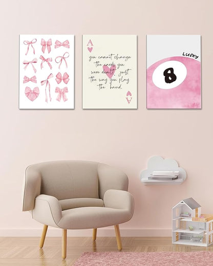 Trendy Pink Bows Canvas Wall Art Set of 3, Vintage Preppy Lucky 8 Ball Wall Decor, Pink Girly Room Aesthetic Posters Prints Painting for College Apartment Living Room Bedroom Framed 12x16 In