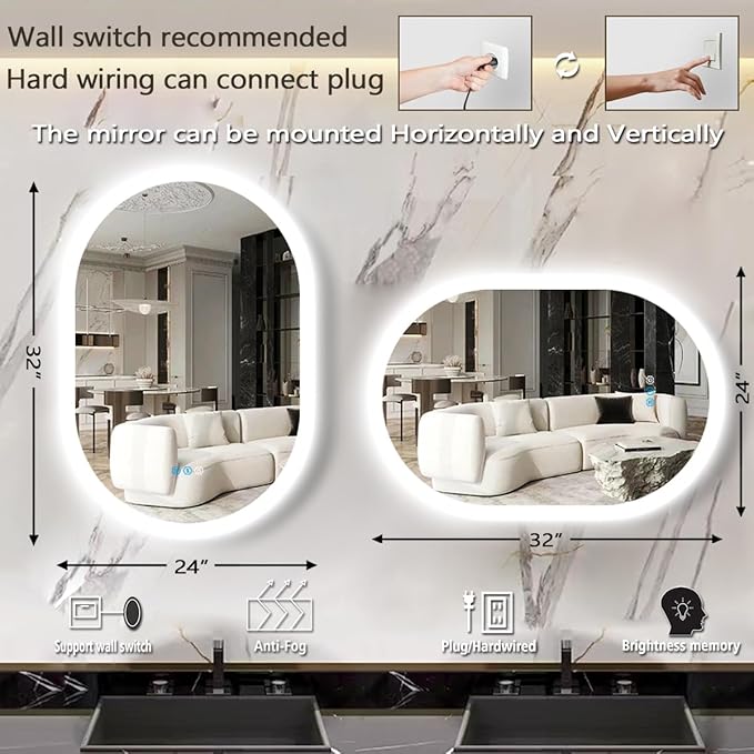 THEKLA 24 x 32 inch Oval Lighted Mirror for Bathroom Wall Horizontal Vertical Mount Makeup Oval Backlit Vanity Mirror with Lights Memory 3 Color Dimmable AntiFog 32" Back Light up LED Ovals Mirror