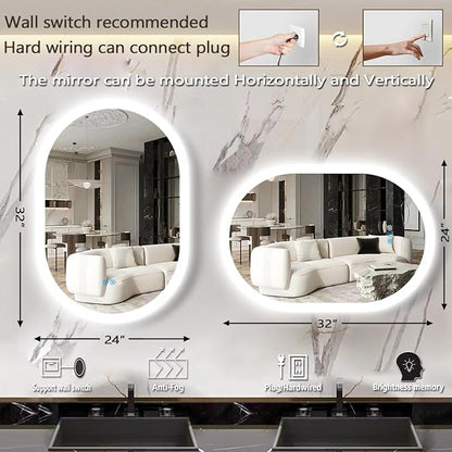 THEKLA 24 x 32 inch Oval Lighted Mirror for Bathroom Wall Horizontal Vertical Mount Makeup Oval Backlit Vanity Mirror with Lights Memory 3 Color Dimmable AntiFog 32" Back Light up LED Ovals Mirror