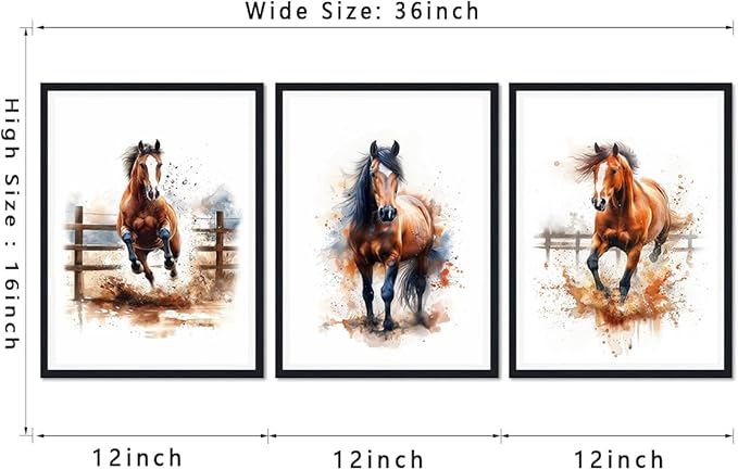 3 Plane Farmhouse Horse Framed Canvas Wall Art Running Horses Decor for Country House Apartment Living Room Watercolor Vintage Animal Portrait Print Artwork Wall Decor Easy to Hand 12x16inchx3pcs