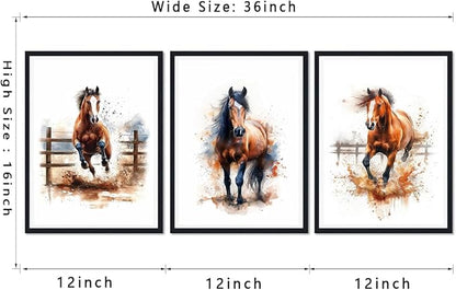 3 Plane Farmhouse Horse Framed Canvas Wall Art Running Horses Decor for Country House Apartment Living Room Watercolor Vintage Animal Portrait Print Artwork Wall Decor Easy to Hand 12x16inchx3pcs