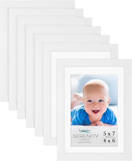 Icona Bay 5x7 Picture Frames w/Removable Mat for 4x6 Photos (White, 10 Pack), Sleek Modern Style Frames, Table Top or Wall Mount, Serenity Collection