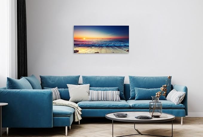 TutuBeer 1 Panel Beach Home Beach Decor Sea Wall Art for Home White Ocean Sea Sunrise with Deep Blue Sky Ocean Pictures Seascape Art for Wall Seascape Art 20" x 40" x 1 Piece