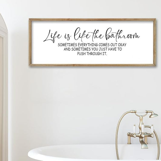 FZMHASLWW Humorous Motivational Bathroom Wall Decor 32"×12" Life Is Like The Bathroom Sign Funny Inspirational Quote for Farmhouse Toilet Restroom Large Modern Wood Framed Wall Hanging Art (Wood)