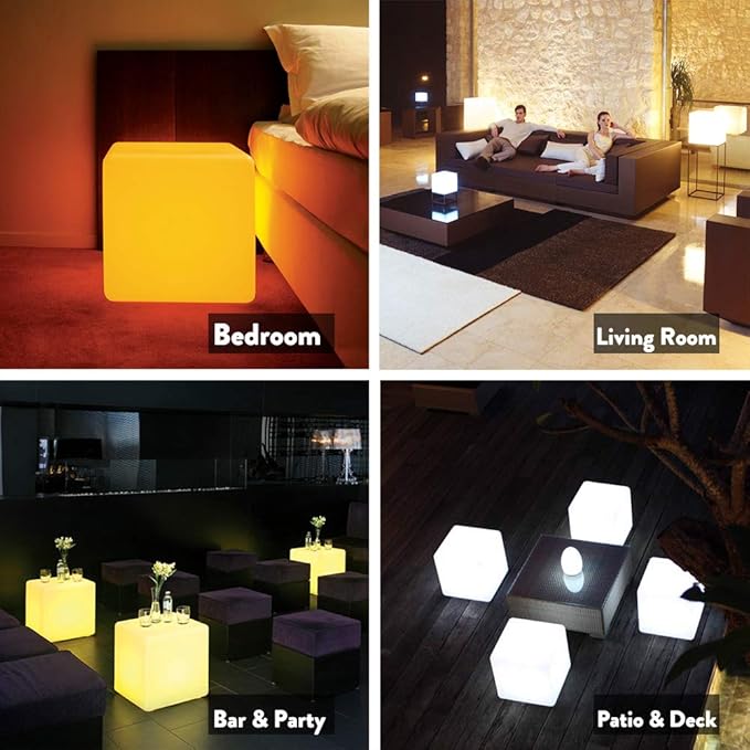 Mr.Go 14-Inch Color Changing LED Cube Light Stool, Glow Cube Seat for Kids, Modern LED Light Side Table, 16 RGB Colors Mood Lighting, Ideal for Home Garden Patio Bar Pool Party Decorative Lighting