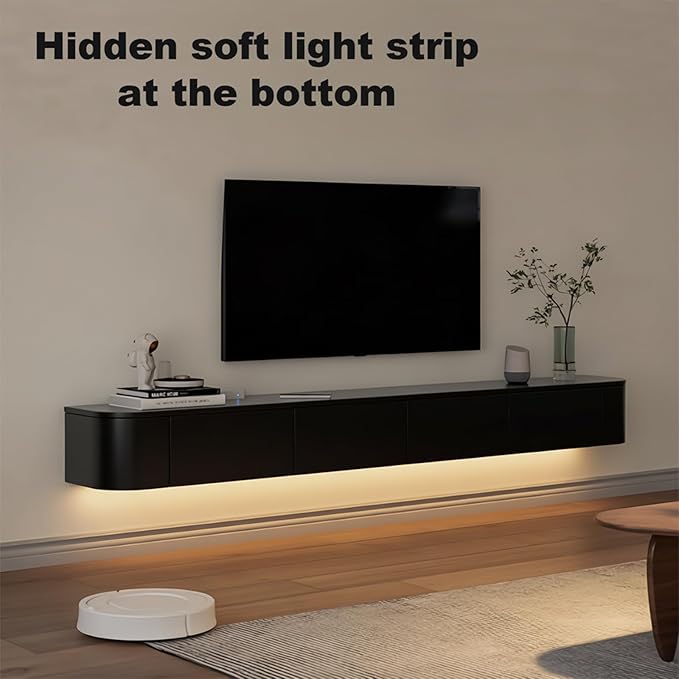 Floating TV Stand 63 Inch Wall Mounted TV Cabinet with LED Light Strip, TV Media Console with Flip-Down Door & Drawers for Living Room (Black, Light Strip 62.9")