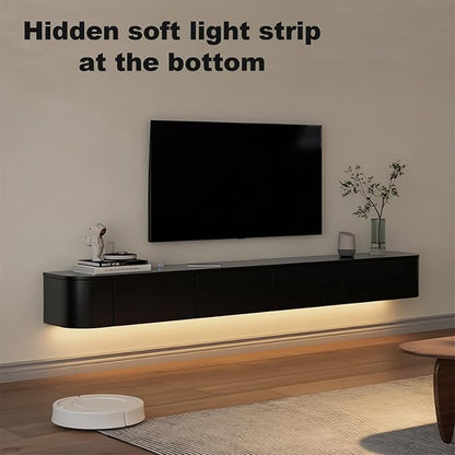 Floating TV Stand 63 Inch Wall Mounted TV Cabinet with LED Light Strip, TV Media Console with Flip-Down Door & Drawers for Living Room (Black, Light Strip 62.9")