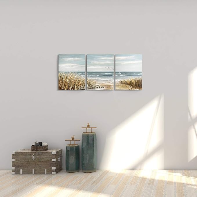 Abstract Beach Picture Wall Art: Coastal Grass Seascape Artwork Print on Canvas for Walls (12”x16”x3pcs)