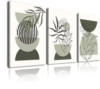 Sage Green Boho Wall Art Set of 3,Minimalist Boho Framed Wall Art Geometric Line Leaf Sun Moon Beige Green Canvas Artwork Paintings Wall Decor Living Room,Modern Abstract Sage Green Boho Wall Decor for Room Bathroom Office,12"x16"