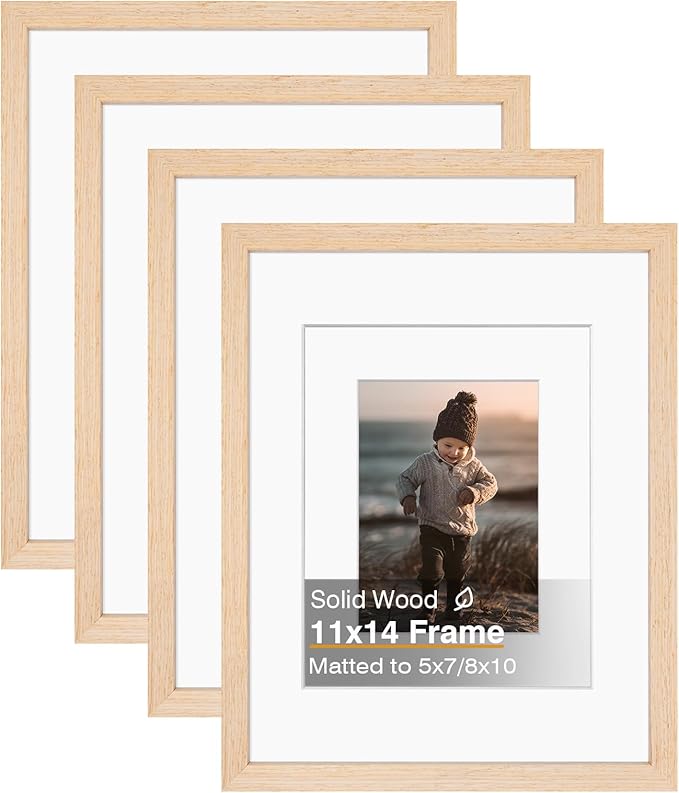 KINLINK 11x14 Picture Frame White Oak, Solid Light Wood Frames with Acrylic Plexiglass for Pictures 5x7/8x10 with Mat or 11x14 without Mat, Tabletop and Wall Display, Set of 4