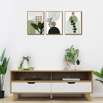 Bwodke Boho Wall Art, Framed Abstract Wall Art, Plant Canvas Wall Decor, Mid Century Line Leaf Geometric Pictures Set of 3, Minimalist Paintings, for Bedroom Living Room Bathroom 16"x24"