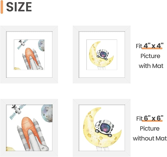 upsimples 6x6 Picture Frame Set of 3, Made of High Definition Glass for 4x4 with Mat or 6x6 Without Mat, Wall and Tabletop Display Photo Frames, White