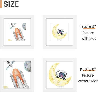 upsimples 6x6 Picture Frame Set of 3, Made of High Definition Glass for 4x4 with Mat or 6x6 Without Mat, Wall and Tabletop Display Photo Frames, White