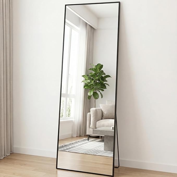 Sweetcrispy 58"x19" Full Length Mirror, Full Body Mirror with Aluminum Alloy Thin Frame, Leaning or Standing, Suitable for Bedroom, Livingroom, Cloakroom, Black