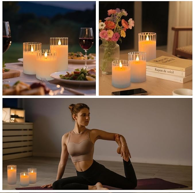 LEDHOLYT Rechargeable Flameless Glass Pillar Candles – Remote & Timer – Set of 3 White Stripes Realistic Flickering LED Light, Ideal for Living Room, Bedroom & Holiday Décor& Gifts for Women